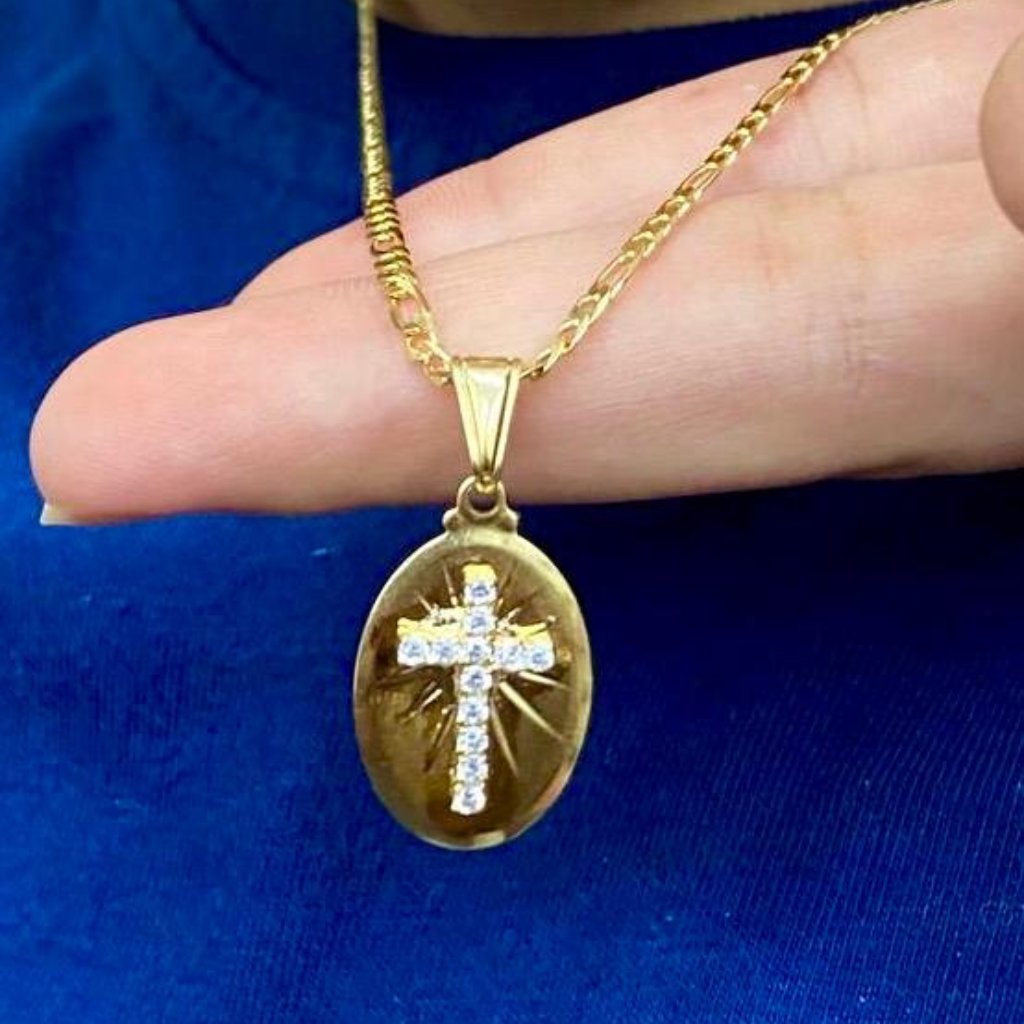 14k Gold F Cross Necklace Pendant Charm For Womens Figaro Chain 23x14mm Cadenita